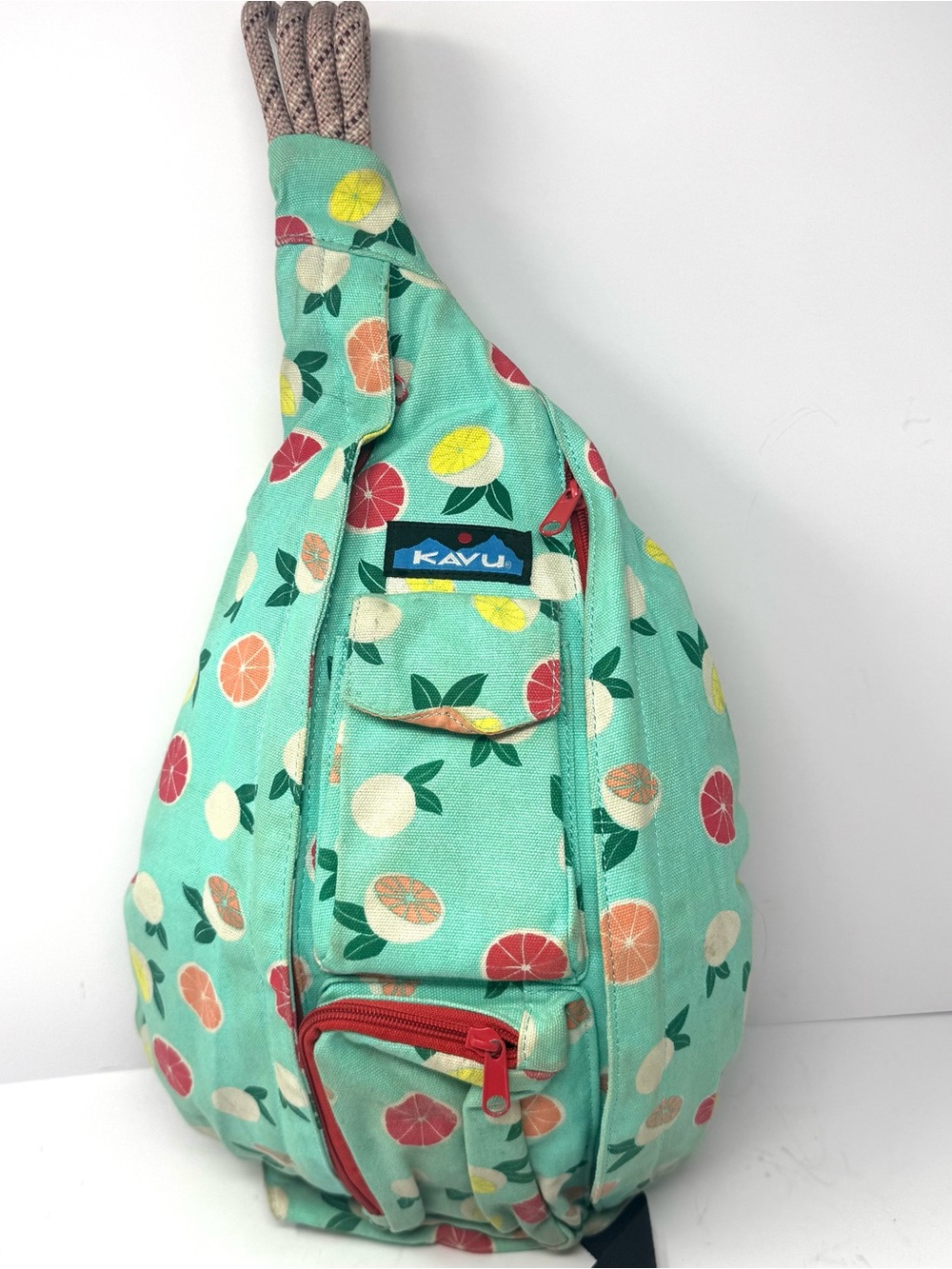 Kavu Original Rope Sling Bag Citrus Grove Fruit Print Turquoise Multi Color